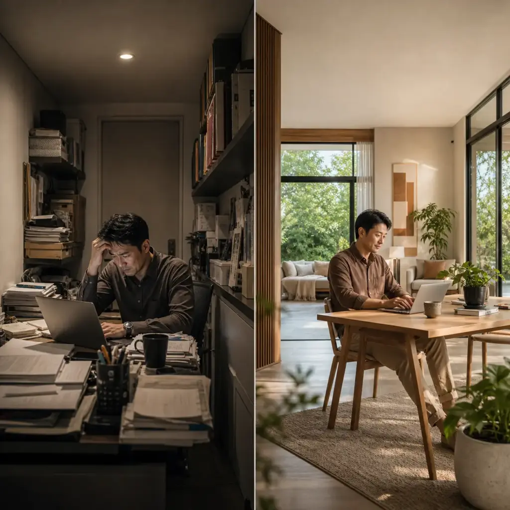 Stressed home office vs healthy wellness workspace comparison